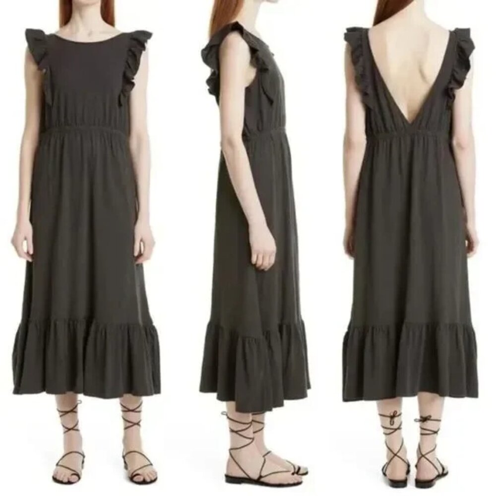 BA&SH Cal Voyce Slub Cotton Jersey Midi Dress In Carbon Ruffled size M Casual